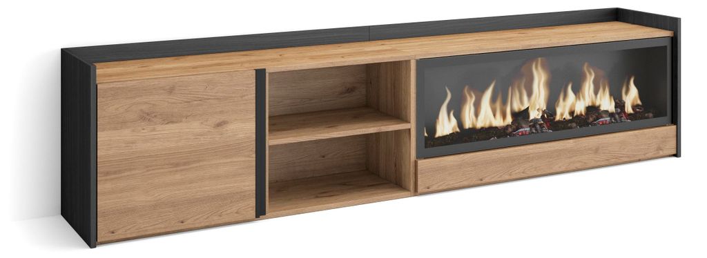 TV-Möbel Holzeffekt eiche schwarz 212x35x50cm Kamin mit Feuereffekt