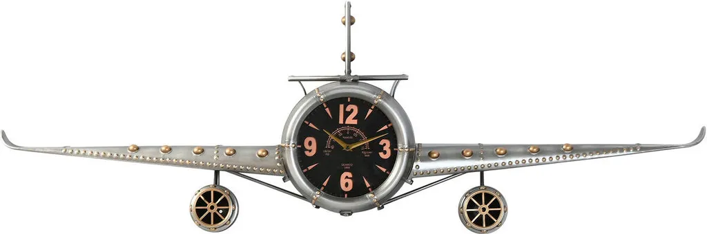 Grande Horloge Murale pour Salon Design Avion Métal Vintage Or Argent