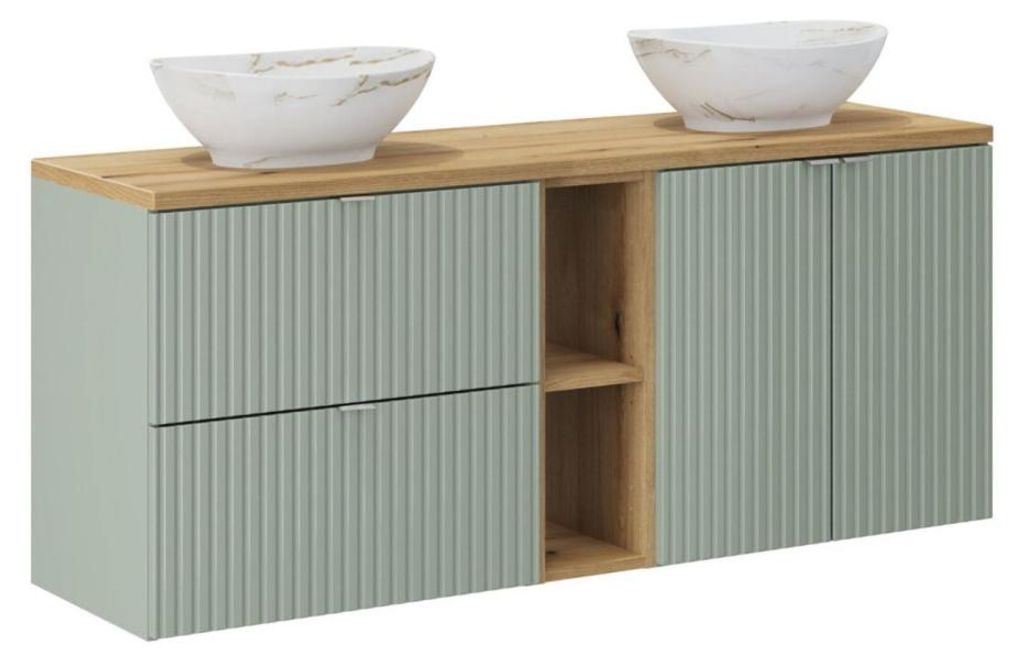 Set ELVINA 140cm: Unterschränke mit sichtbaren Nischen, Schubladen und Schränken + Platte für Waschbecken + zwei Aufsatzwaschbecken