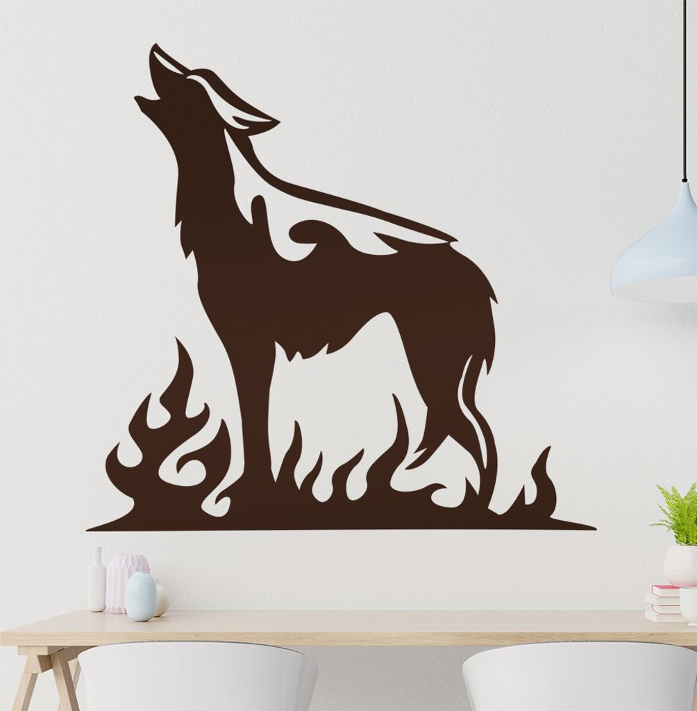 heulender Wolf Flammen Wandtattoo in 6 Größen - Wandaufkleber Wall Sticker - Dekoration, Küche, Wohnzimmer, Schlafzimmer, Badezimmer