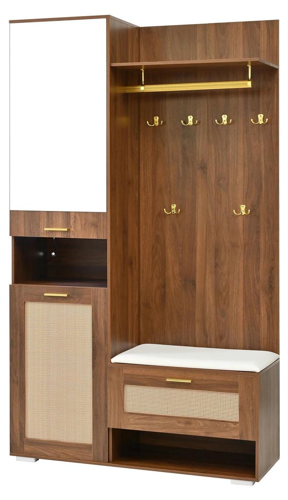 Flurgarderobe Set - Garderobe B - Mit Spiegel - Schuhschrank - 6 Goldfarbene Haken - Wandmontage - 110×38×190 cm - 80 kg Tragkraft