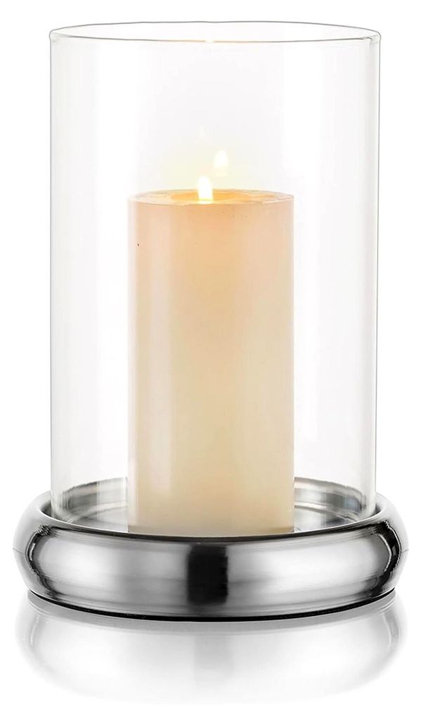 Windlicht aus Glas mit Glaszylinder: Kerzenhalter für Stumpenkerzen, Dekoration für Wohnzimmer, Hochzeit, Esstisch und Partys, Silber