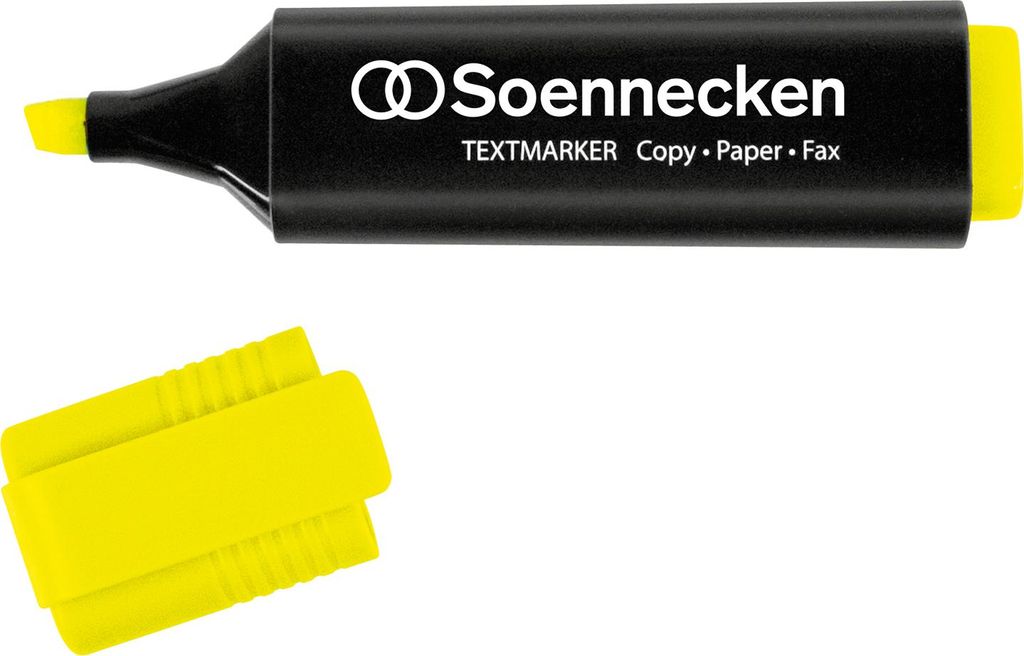 A black highlighter with a yellow tip and a separate yellow cap are shown against a white background.