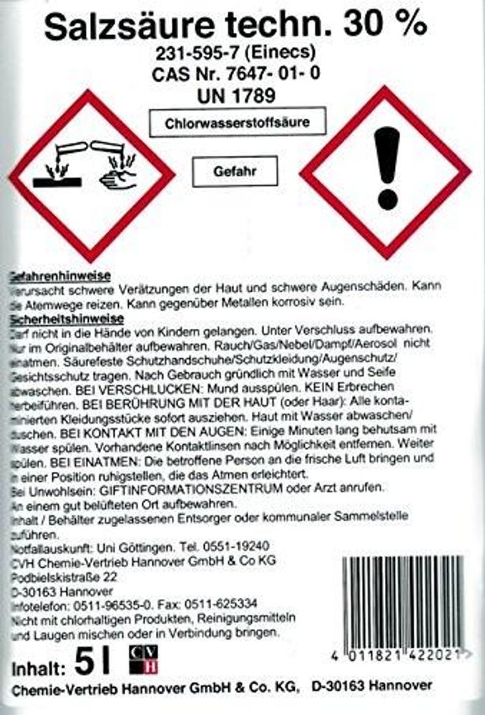 Salzsäure, 30 % - Kanister, 5 Liter Produktbild 