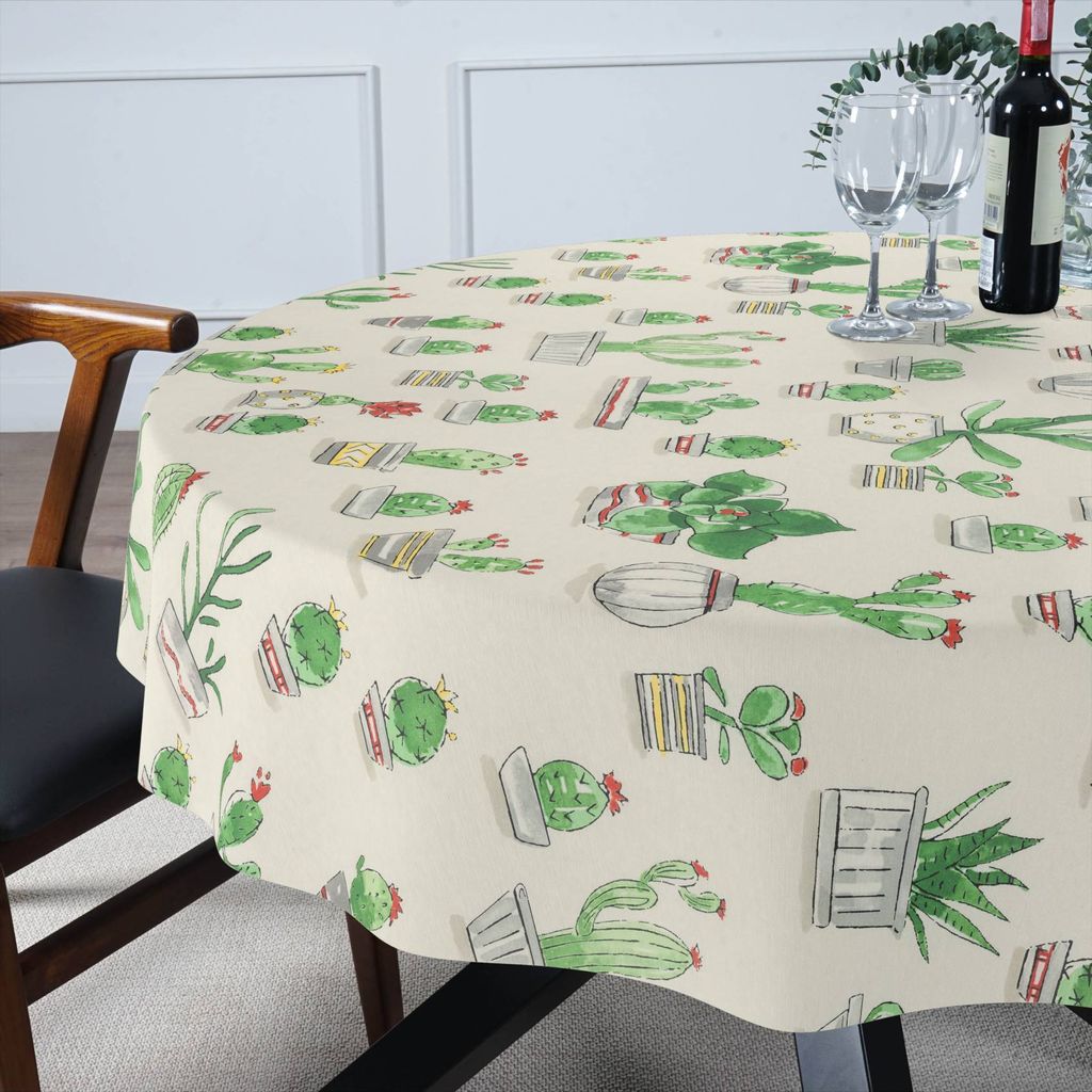 Tischdecke Kaktus aus Stoff mit Digitalprint Tischtuch EasyClean ACRYL Beschichtet Tischwäsche Digitaldruck Grün Rund 100cm mit Schnittkante