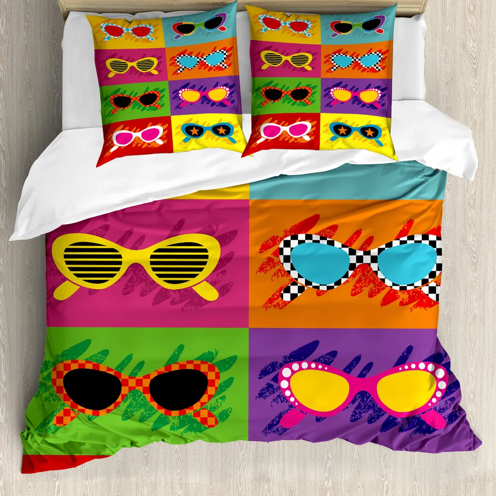 ABAKUHAUS Copripiumino 70s Party, occhiali da sole pop colorati, antiacaro, adatto a chi soffre di allergie, con federe, 200 cm x 200 cm - 80 x 80 cm, multicolore