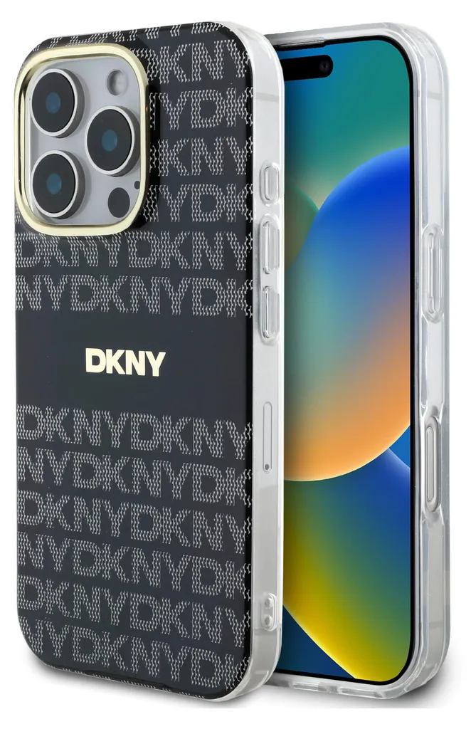 DKNY Custodia Rigida iPhone 16 Pro 6.3 - Nero con Trama Logo e Strisce