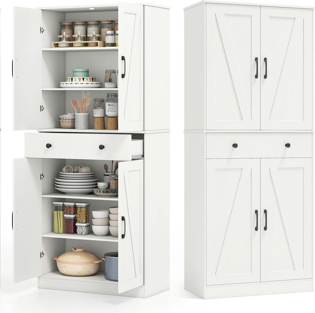 A white kitchen cabinet with its doors open, showing shelves stocked with various kitchen items.