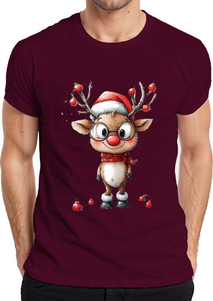 Lustiges Rentier Rudolf mit Brille rote Nase Weihnachten Geschenk Herren T-Shirt, Burgundy, M