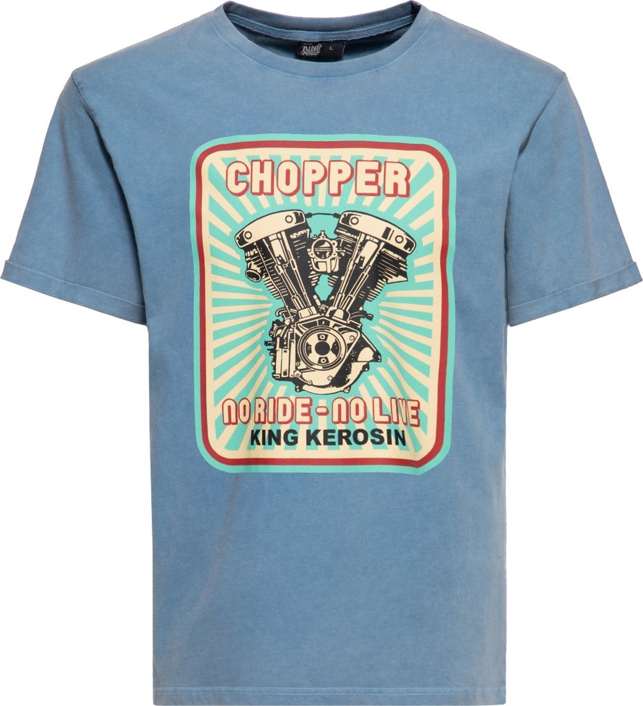 KING KEROSIN Print T-Shirt Acid Washed No Ride No Life Himmelblau 4Xl
