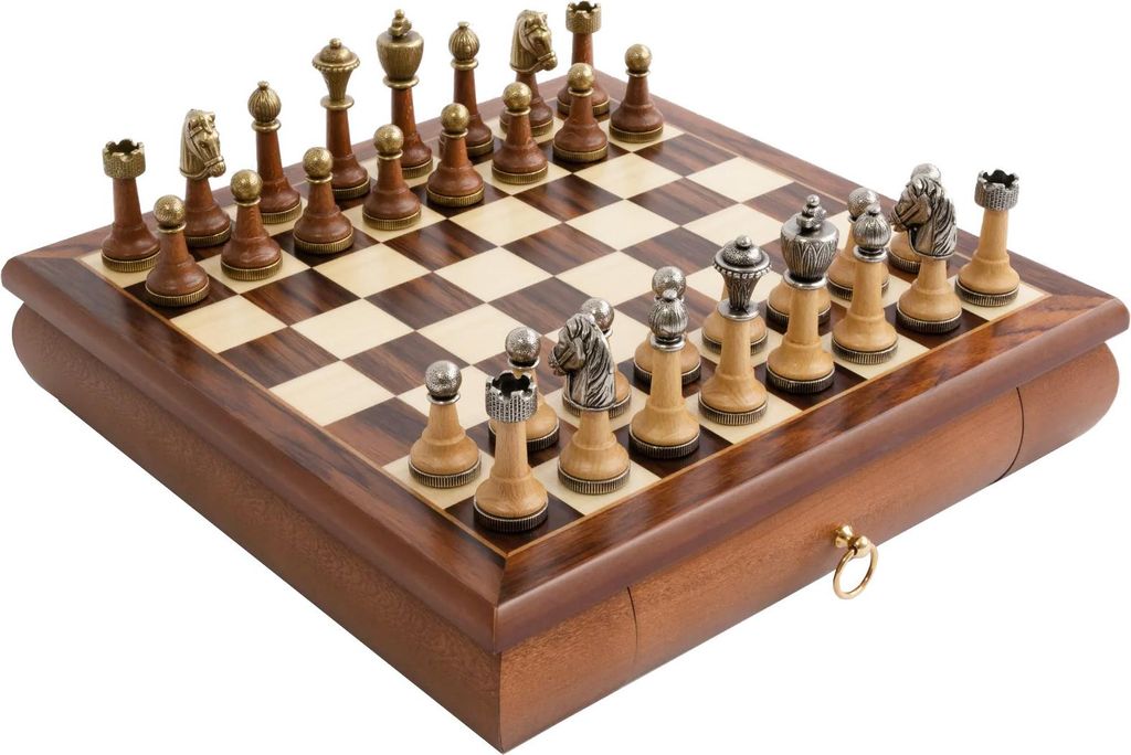 Italienisches Schachfigurenset Klassik Metall/Buche Ht + Schachbrett 32,5