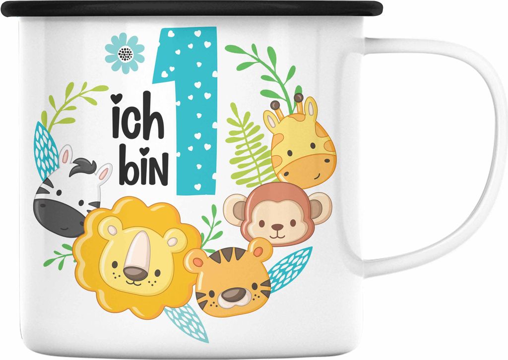 Trendation - 1. Geburtstag Emaille Tasse Geschenk Becher Erster Bday Geschenkidee 1 Jahr Alt Baby Junge Mädchen KakaoEmaille Tasse (Schwarz)
