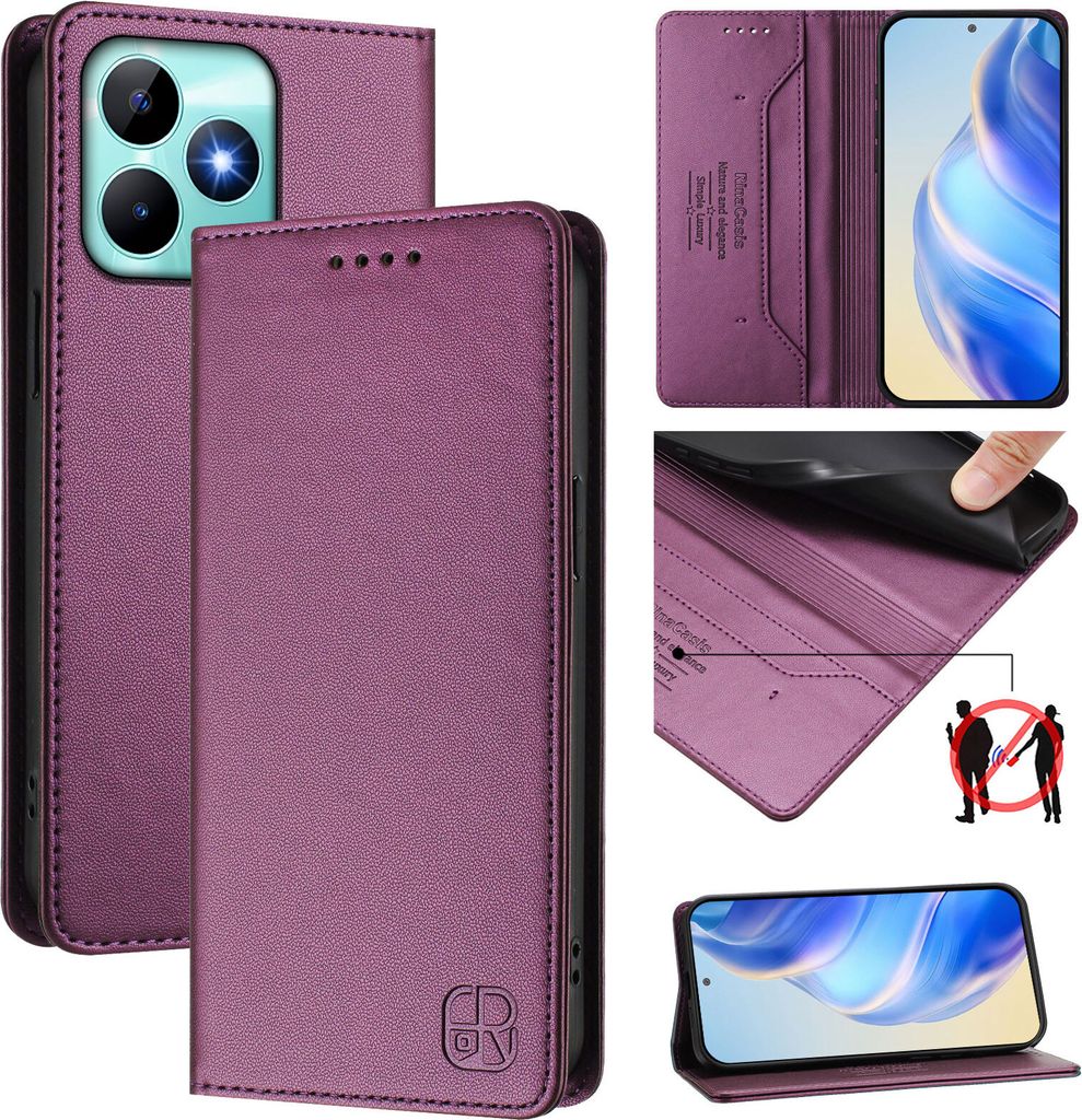 Lederhülle für Realme Note 50/Realme C51/Realme C53/Realme C51s Hülle Flip Brieftasche Kartenfächern Ständer Schutzhülle Lila