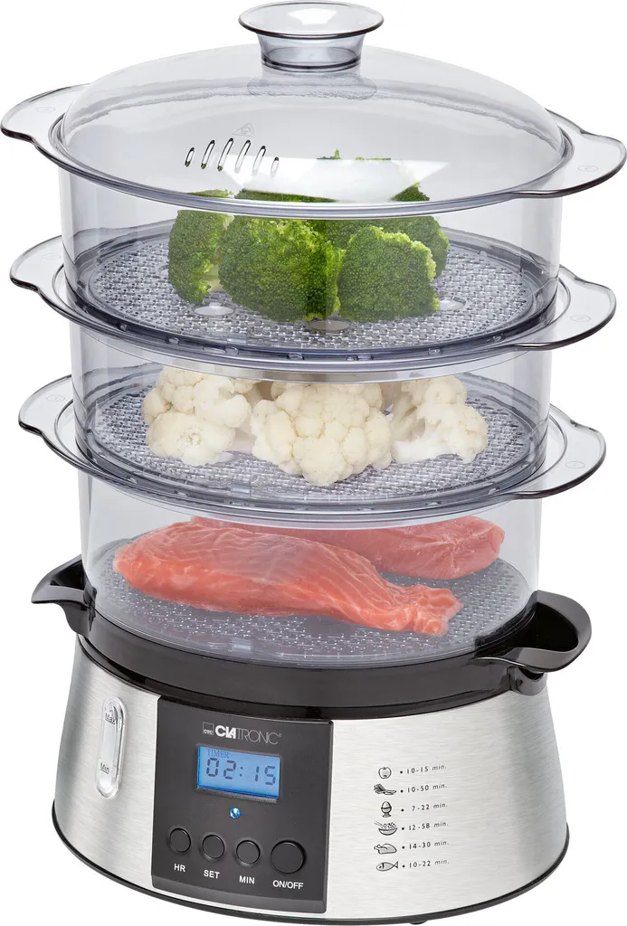 Cuit-vapeur électrique Clatronic 3 étages inox et noir pour légumes