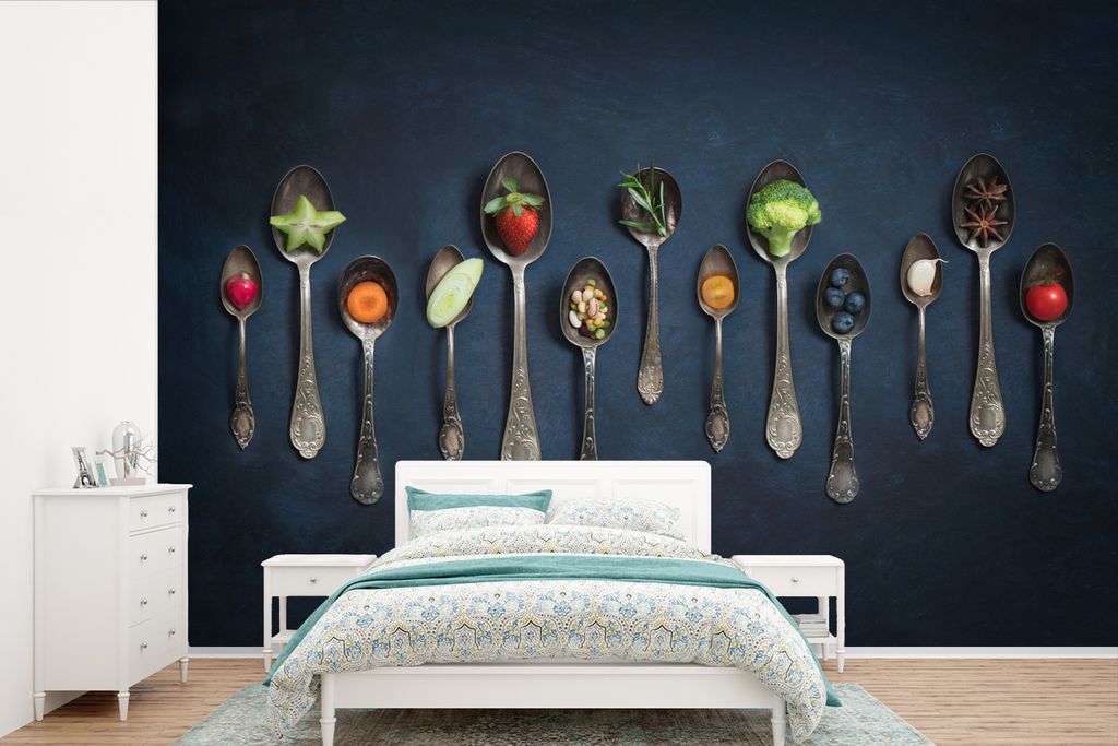 MuchoWow Fototapete für Wohnzimmer oder Schlafzimmer Wandtapete Vinyl Motivtapete Kräuter - Löffel - Silber - Gewürze - Industriell - 330x220...