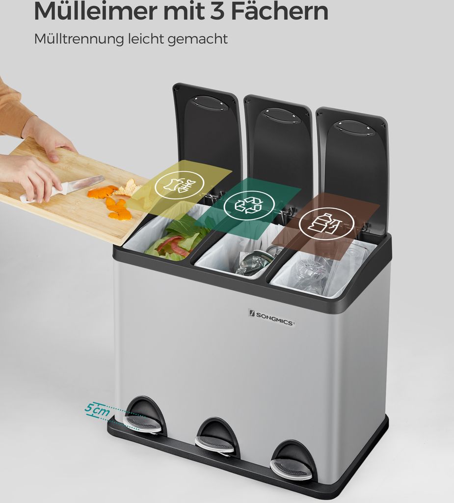 SONGMICS Mülleimer Küche, 3 x 8 Liter, Mülltrennsystem 3 Produktbild 6