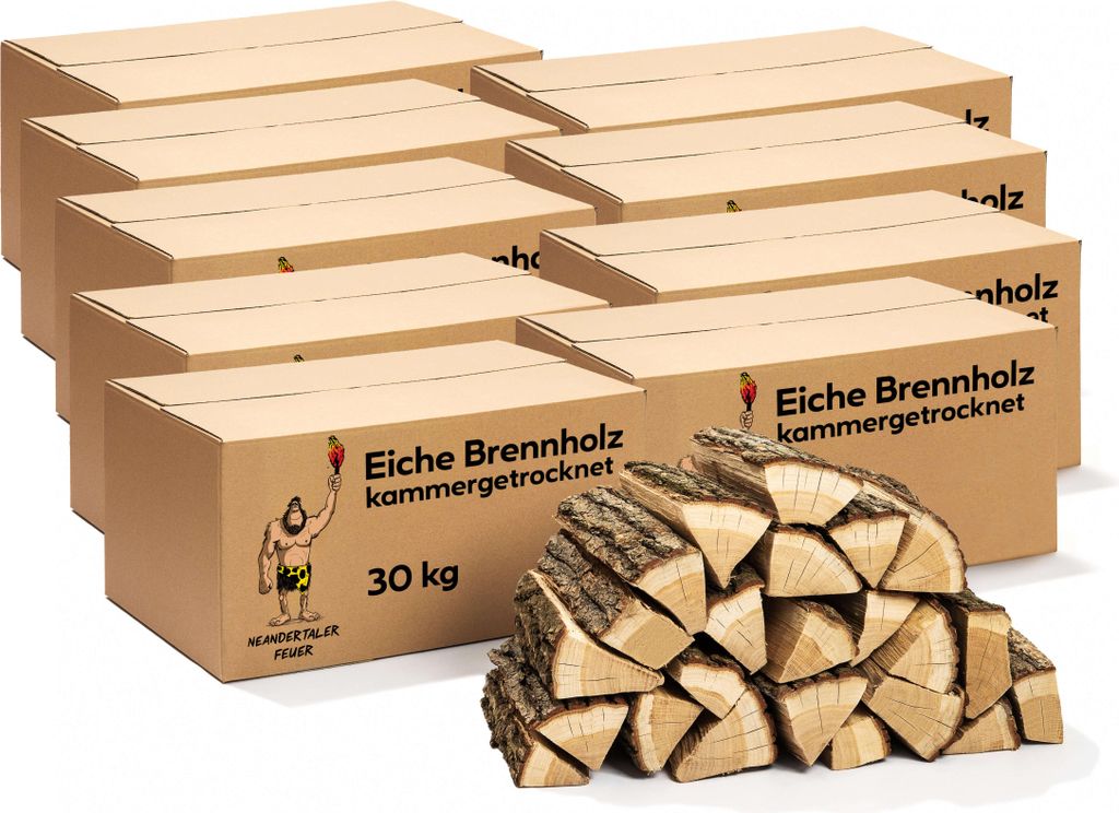 Neandertaler Feuer Brennholz Eichenholz Kaminholz - Grillholz 25 cm 270 kg | Hartholz Eichen Feuerholz | Holz für Grill Kamin Smoker Ofen | Firewood