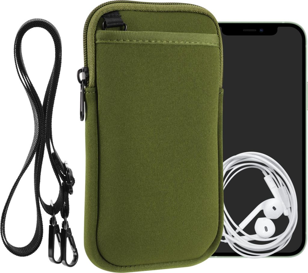 kwmobile Handy Tasche zum Umhängen für XXL - 7" - Hülle mit Band - Neopren Cover mit Reißverschluss - 17,7 x 8,5 cm - Necklace Case in Olivgrün