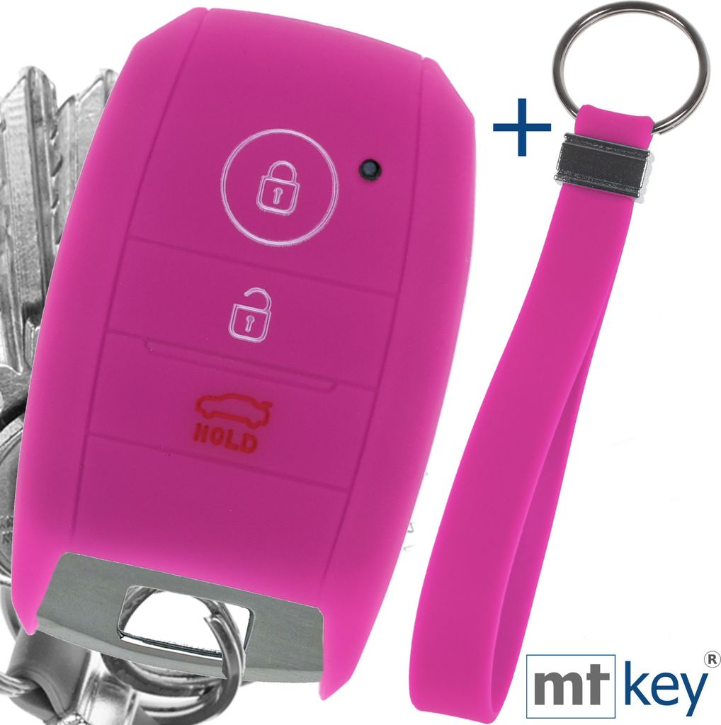 Auto Schlüssel Silikon Schutz Hülle + Schlüsselband Pink Kompatibel mit KIA Picantio Rio Ceed Soul Sportage Stonic 3 Tasten KEYLESS SMARTKEY