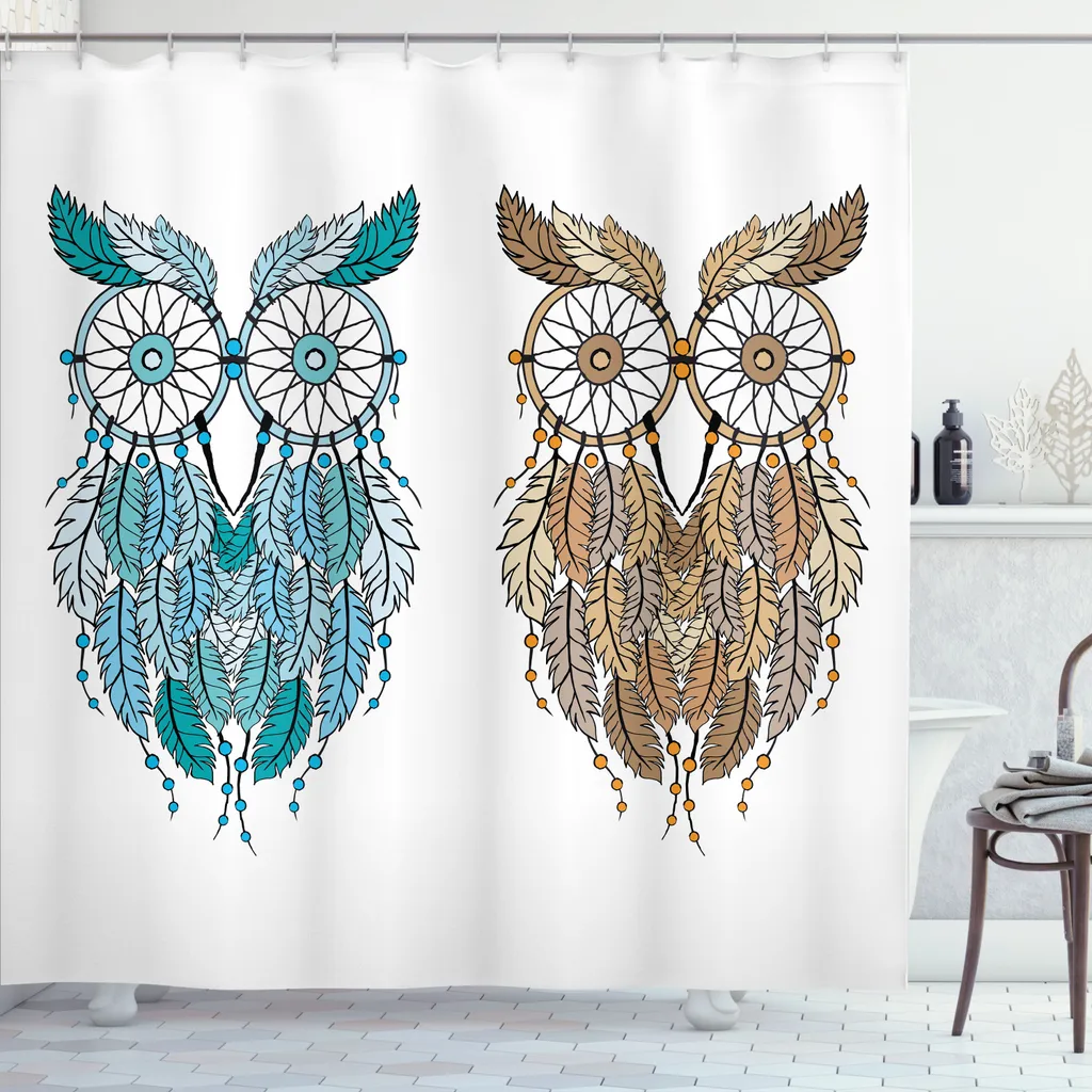 ABAKUHAUS Tenda da doccia con gufi, Dreamcatcher-Art-Gufi-Tribù-Caratteristiche etniche-Uccello magico e lungimirante-Stampa artistica, Tessuto Set decorativo per bagno con ganci, 175x220 cm, Bianco crema Teal - 2