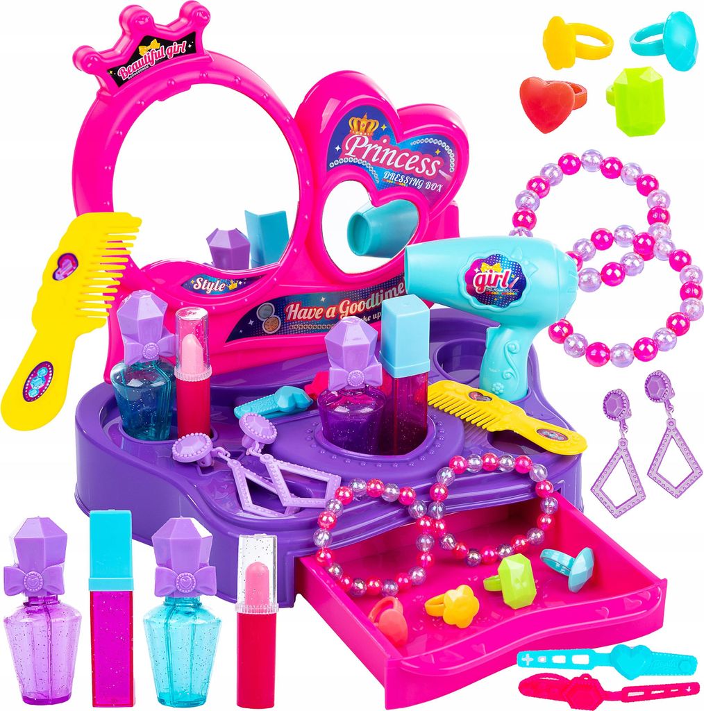 Kinder Schminktisch mit Zubehör – Spielzeug Toaletka für Mädchen – Make-up Set mit Spiegel und Schmuck KP7337