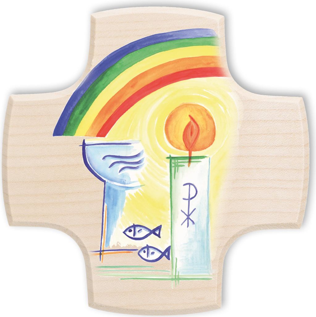 FRITZ COX Holzkreuz als Taufkreuz oder Kommunionkreuz | Motive: Kelch, Kerze, Fisch | Größe 9x9cm