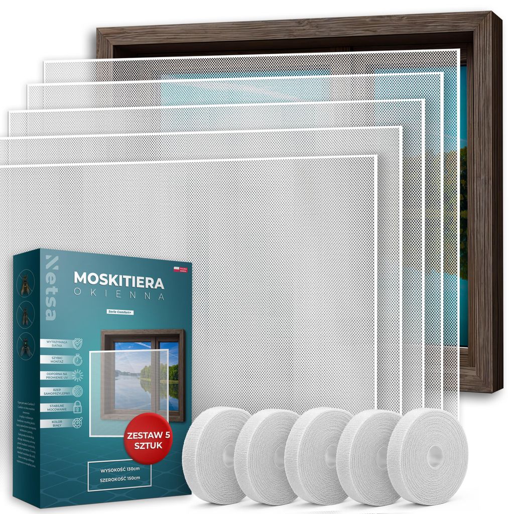 Netsa | 5er Set Fenster-Moskitonetz 130x150 cm Weiß – Fliegengitter Für Fenster – Zuschneidbar Mit Klettband