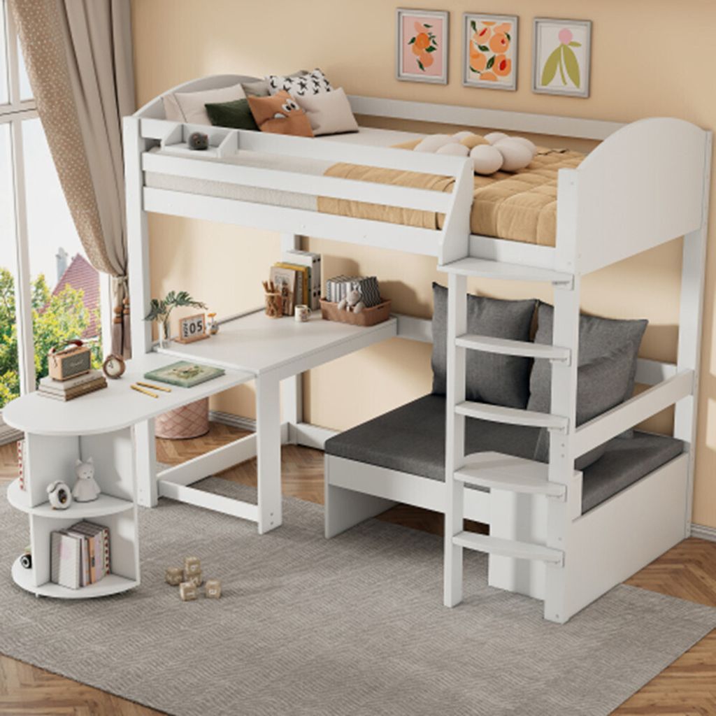 Hochbett für Kinder,Multifunktionales Kinderbett, mit eine Leiter, mit ausziehbarem Tisch, Sofa mit Stauraum und mit drei Kissen und Polster