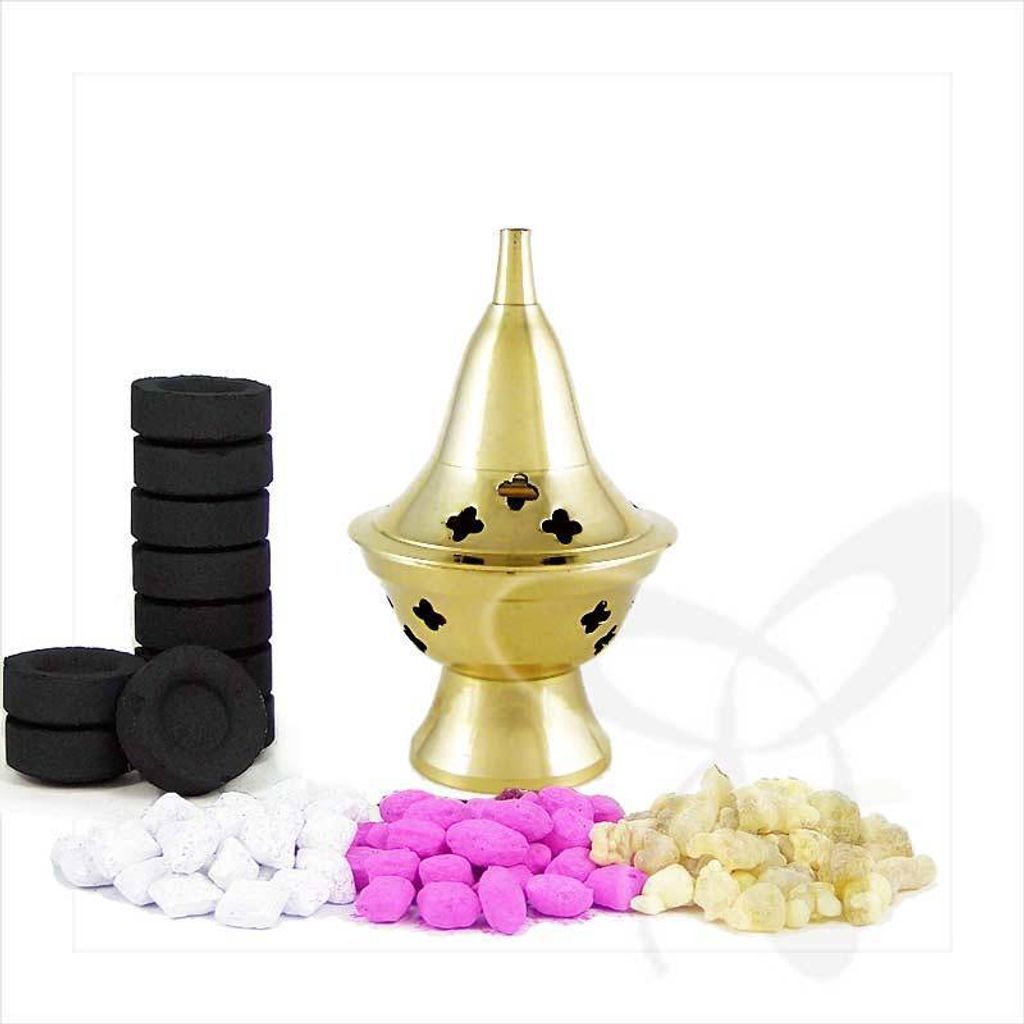 Weihrauchfass Set 2966 + 3 Sorten Weihrauch + Kohle Messing Handarbeit Кадильни