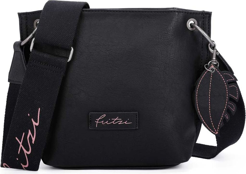 A black shoulder bag with a leaf charm and a branded strap.