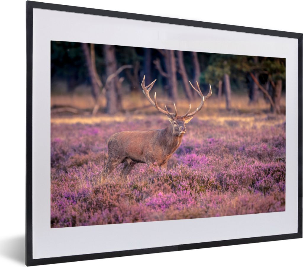MuchoWow MuchoWow Gerahmtes Poster Hirsche - Blumen - Niederlande 60x40 cm - Poster mit zchwarzem Bilderrahmen - Schlafzimmer - Plakat in Rahme...