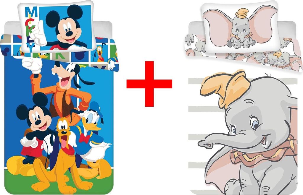 Disney Micky Maus und Dumbo, Babybettwäsche, Kinderbettwäsche, Bettdecke 100 x 135 cm + Kopfkissen 40 x 60 cm, 100% Baumwolle, Geschenk-Set