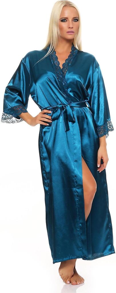 Damen langes Kimono Seidenrobe Morgenmantel; Petrol XL