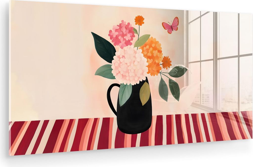 MuchoWow Glasbilder - Bilder auf Wandbild - Foto auf Glas Vase - Blumen - Schmetterling - Rot 40x20 cm Wanddekoration aus Glas - Acrylglasbild - Ac...