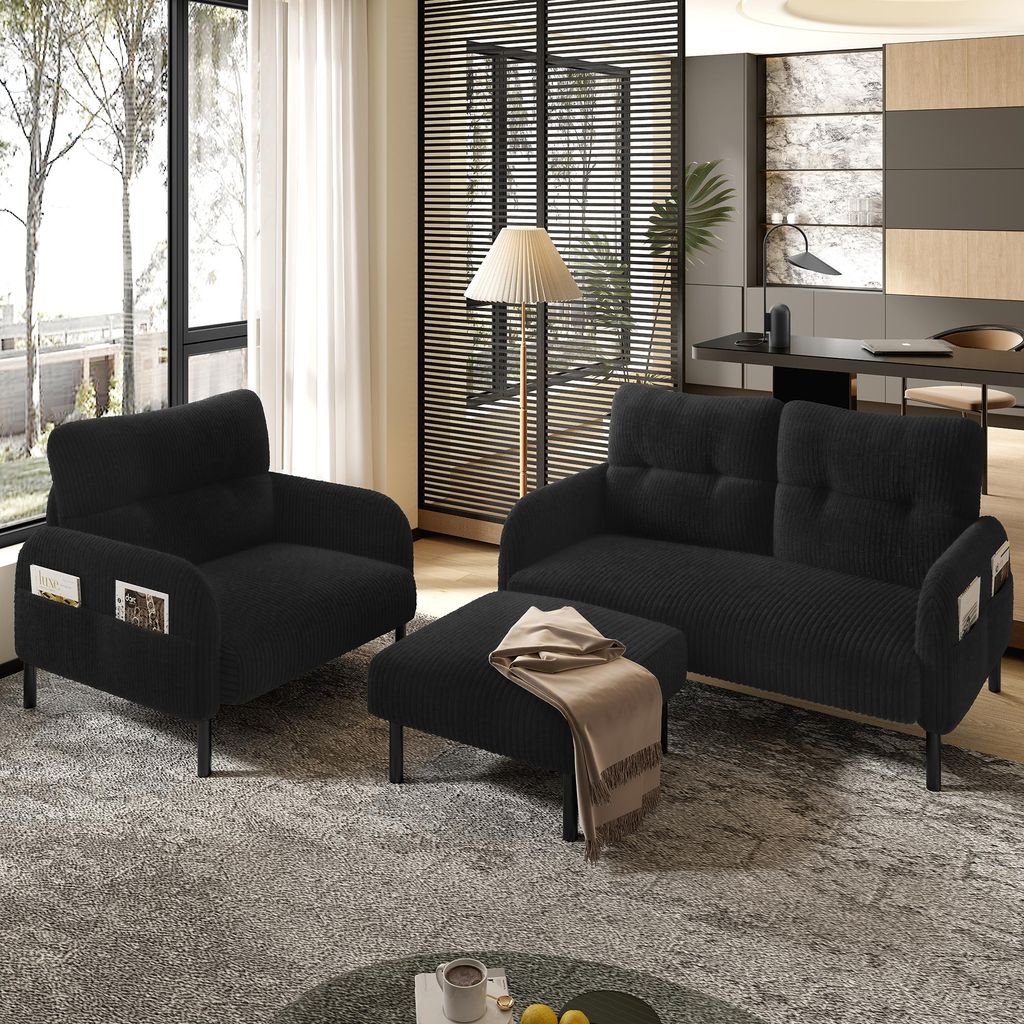 Sweiko Cord set di 3 poltrone + sgabello + divano a 2 posti Immagine del prodotto 