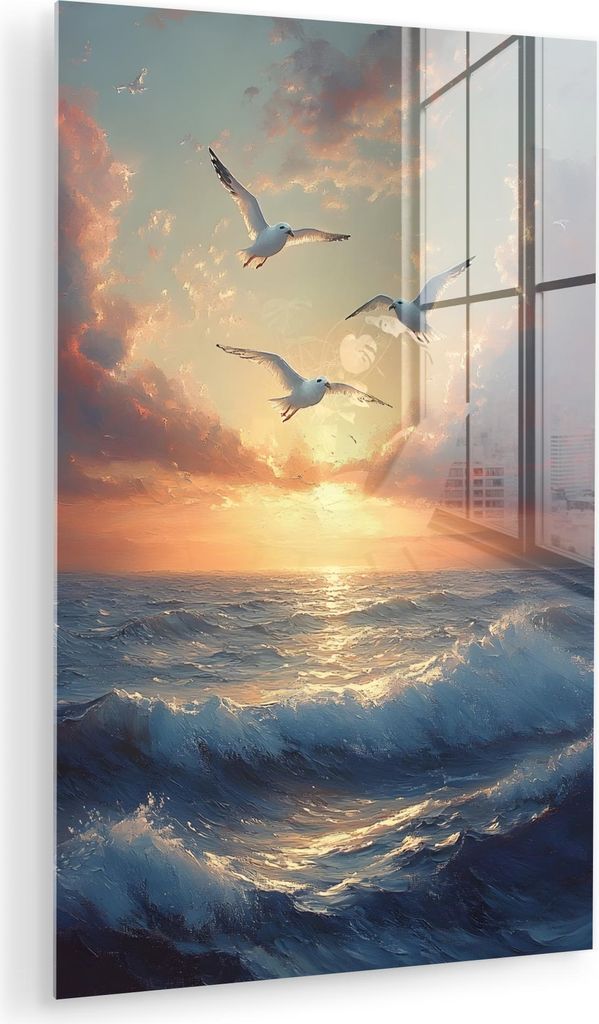MuchoWow Glasbilder - Bilder auf Wandbild - Foto auf Glas Möwen - Sonnenuntergang - Meer - Wolken 60x90 cm Wanddekoration aus Glas - Acrylglasbild...
