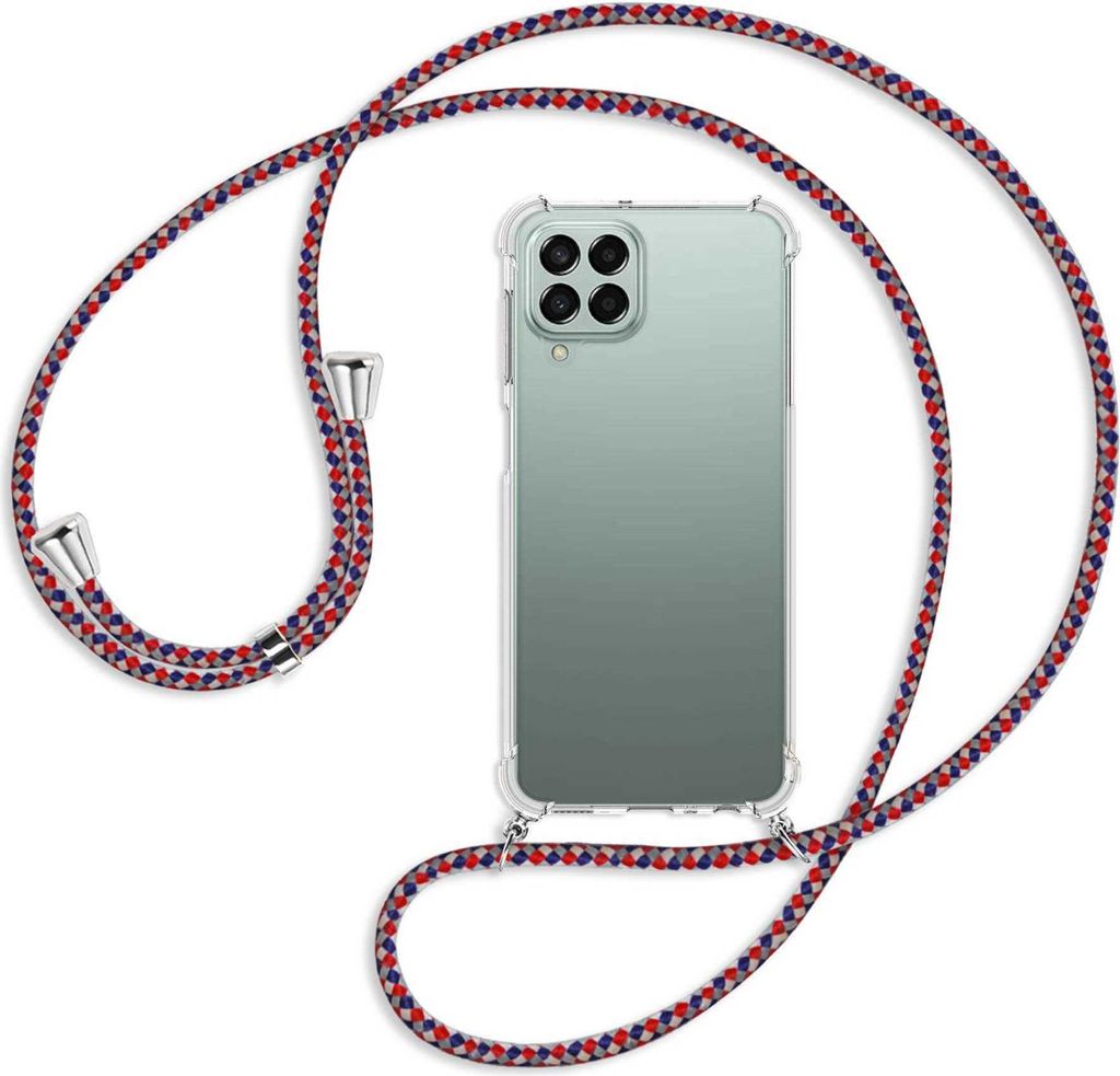 Handykette Backcover-Schutzhülle mit Band (Metall silberfarben) für Samsung Galaxy M33 - silber/blau/rot