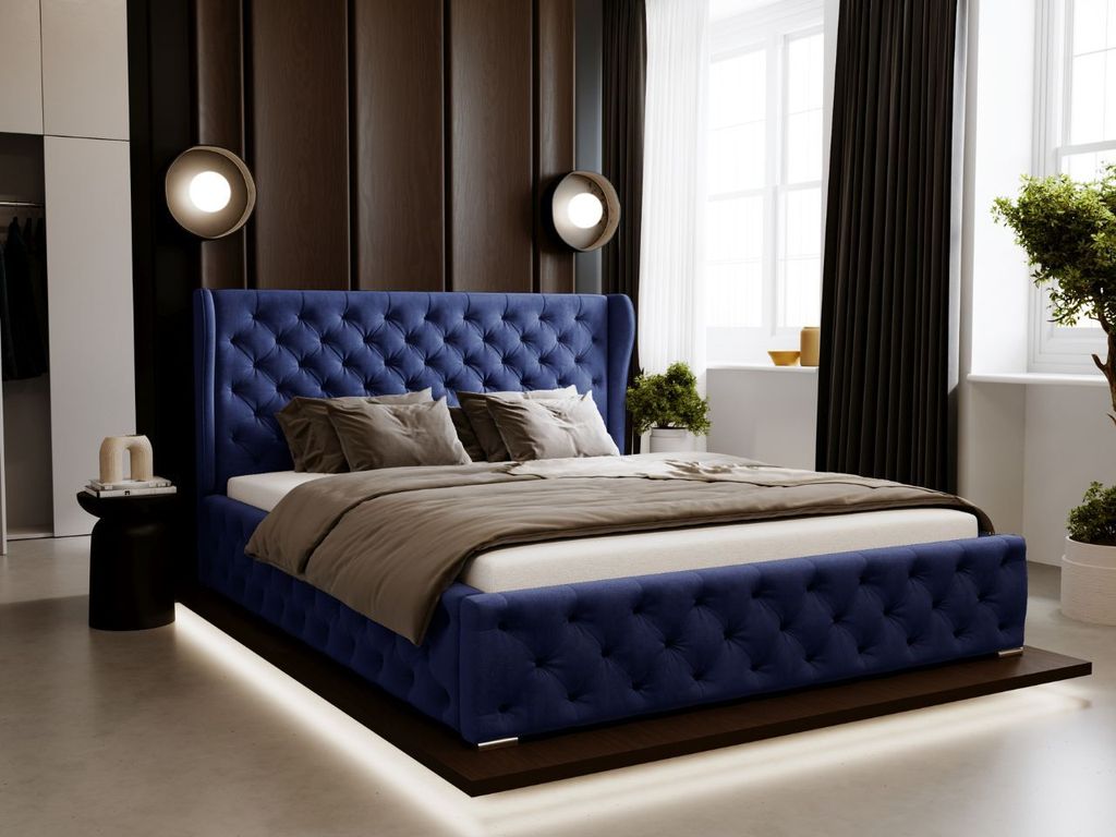 GrainGold Polsterbett Kingston 120x200 cm - Bett 120x200, Polsterbett mit Bettkasten und Lattenrost - Dunkelblau (Magic Velvet 2216)