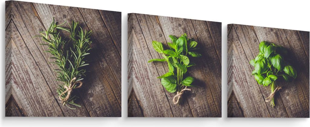 Leinwand Bilder Set Aufhängefertig 3 Bilder für Küche KRÄUTER Pflanzen Bretter 150cm x 50cm (3x 50cm x 50cm)