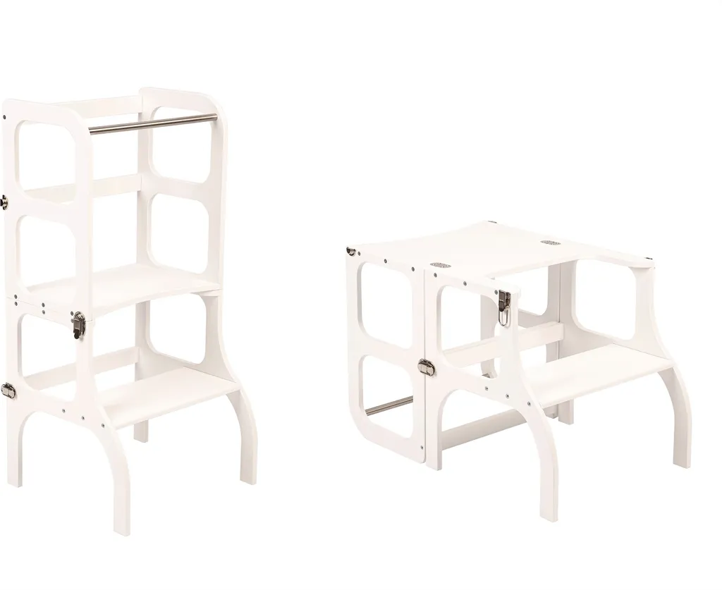 Ette Tete Step'n'Sit torre didattica pieghevole in legno bianco | Aiuto cucina Montessori per bambini | Sedia didattica 2 in 1 con tavolo