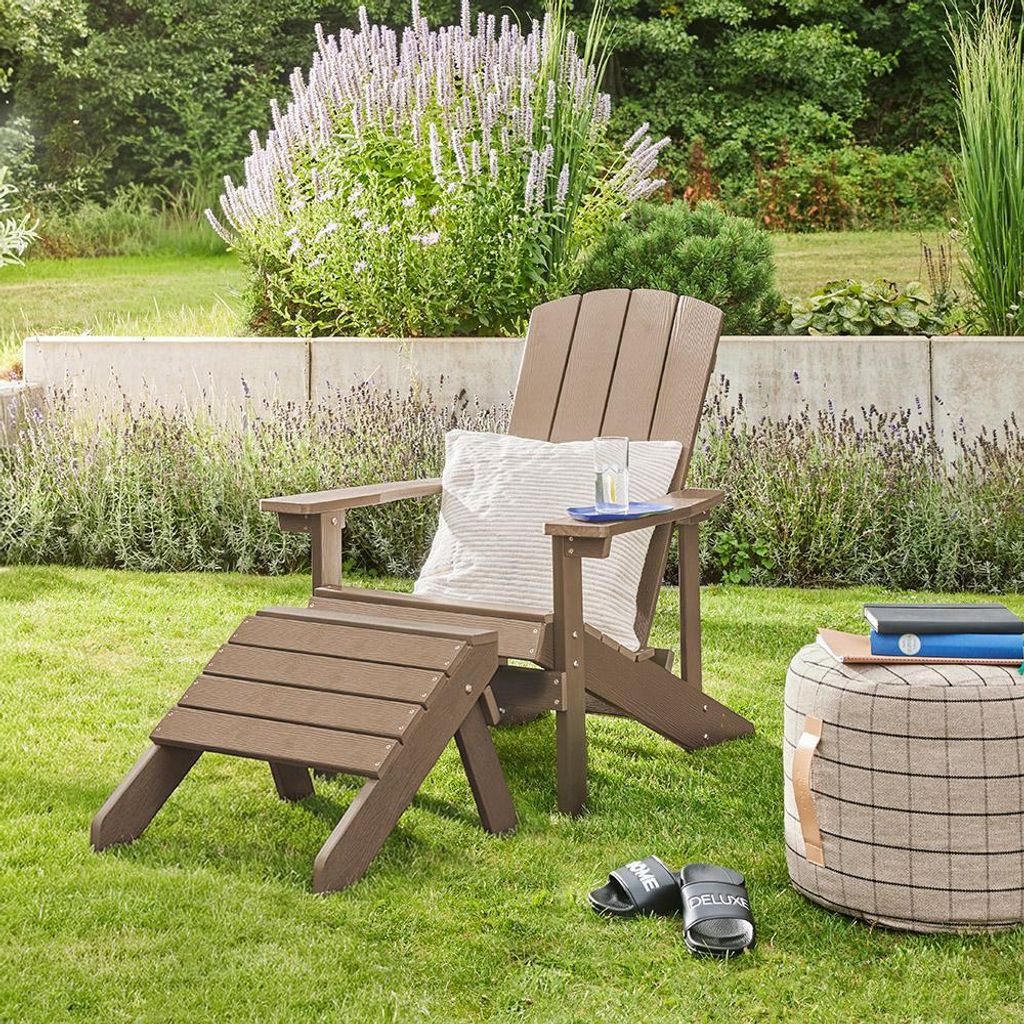 HOME DELUXE Gartenstuhl FAREA – Braun | Komfortabler Outdoor-Stuhl inkl. Hocker aus HDPE-Kunststoff für Terrasse & Garten