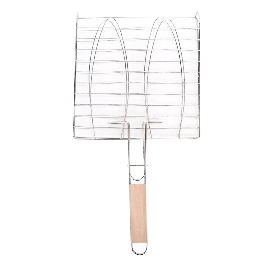 A stainless steel grill basket with a wooden handle against a white background.