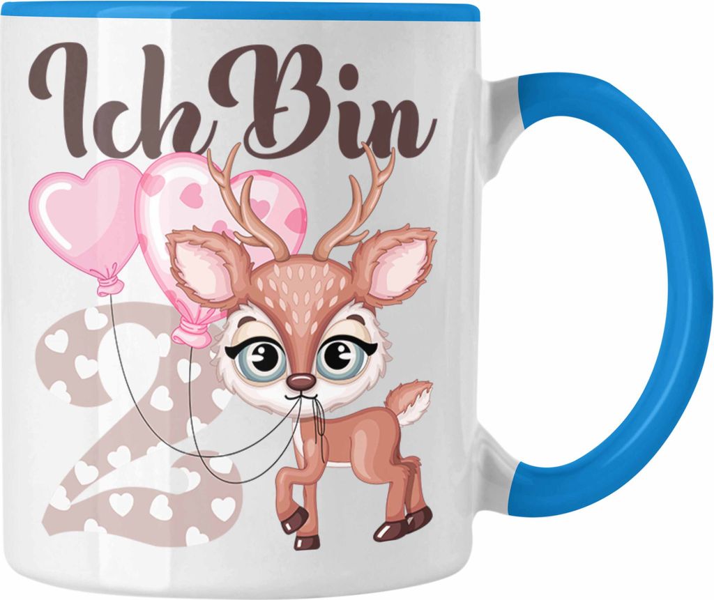 Trendation - Ich Bin 2 Jahre Alt Tasse Geschenk Süßes Reh 2. Geburtstag Geschenkdiee Mädchen Tochter (Blau)
