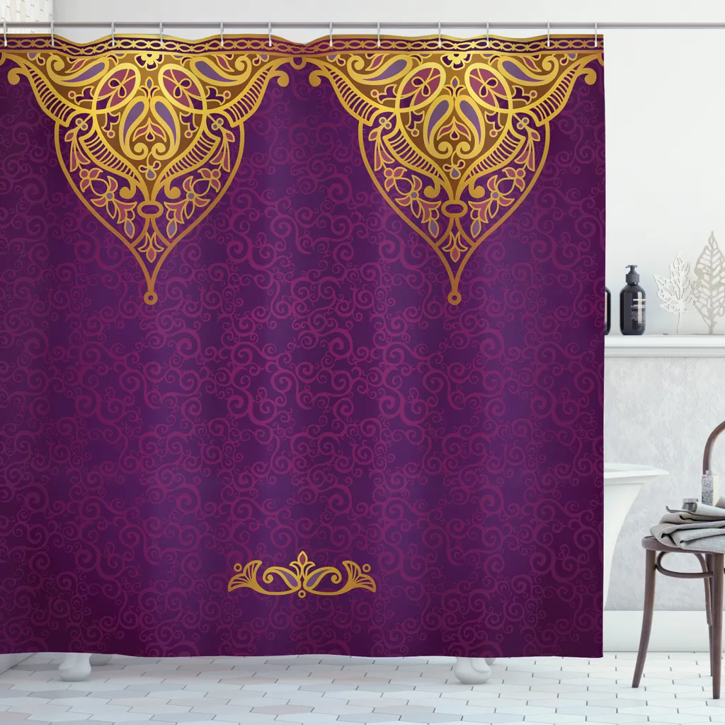 Tenda Doccia Tessuto ABAKUHAUS 175x180 cm Viola Giallo con 12 Ganci