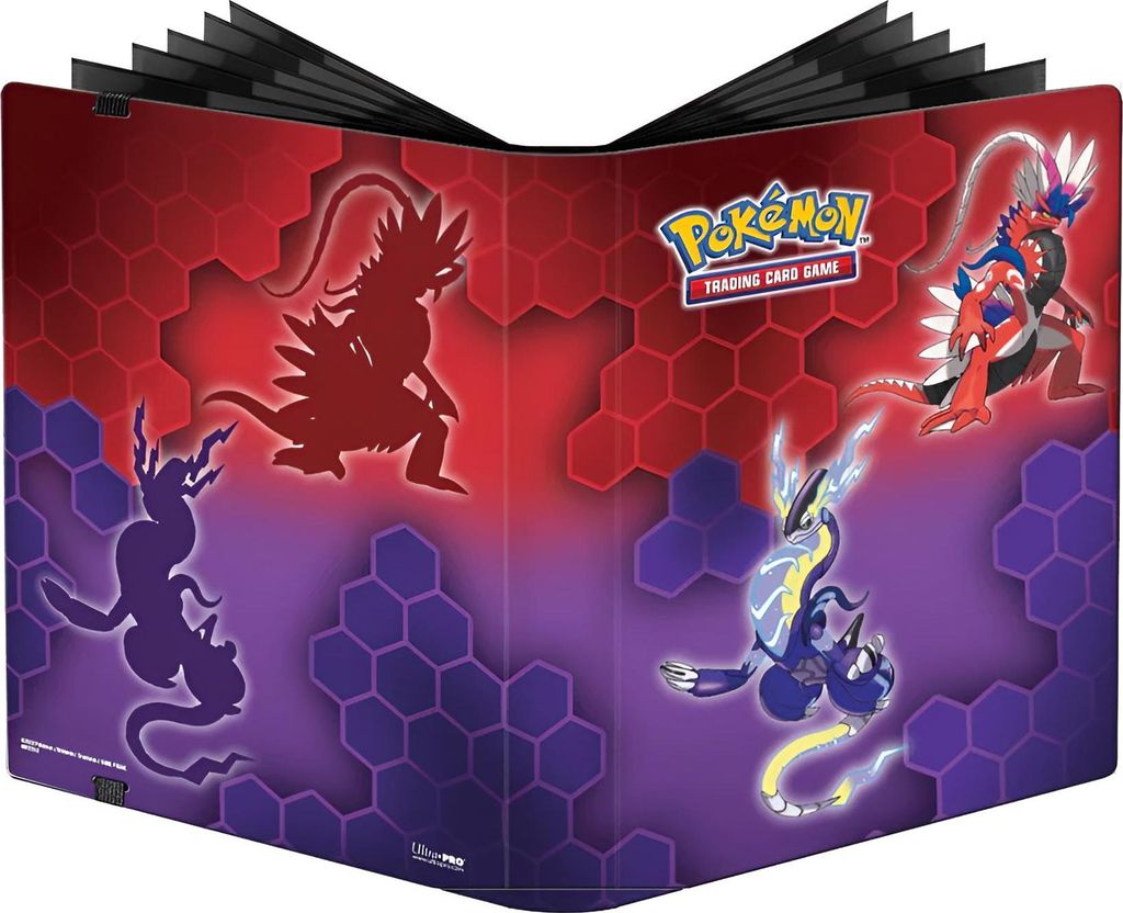 An open binder or portfolio displaying artwork of Pokemon characters.