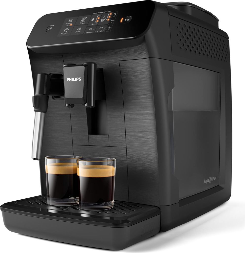 A black Philips espresso machine with two cups of espresso on the drip tray.