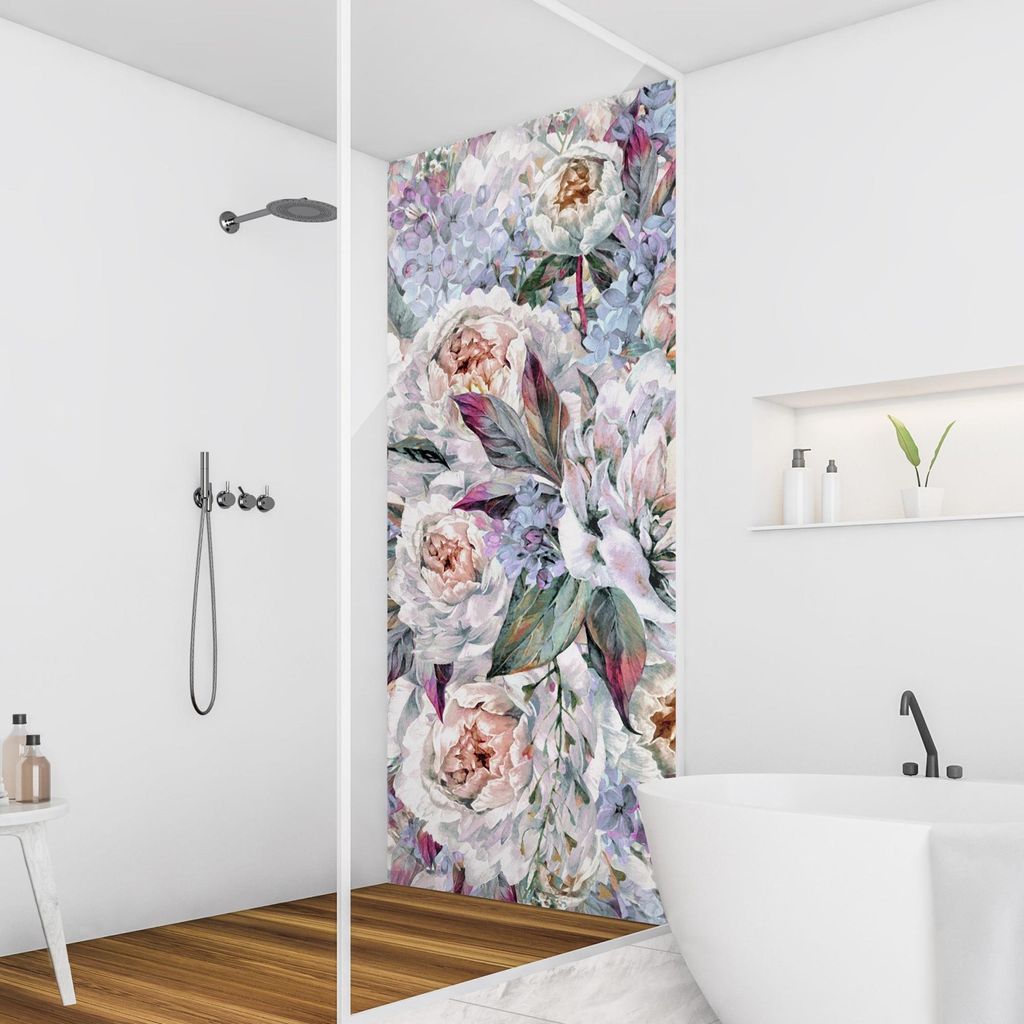 Duschrückwand mit Motiv selbstklebend - 0.61 mm Wandpaneel wasserfest Rose bunt Aquarell Illustration Badrückwand fugenlos Premium matt 90x200 cm