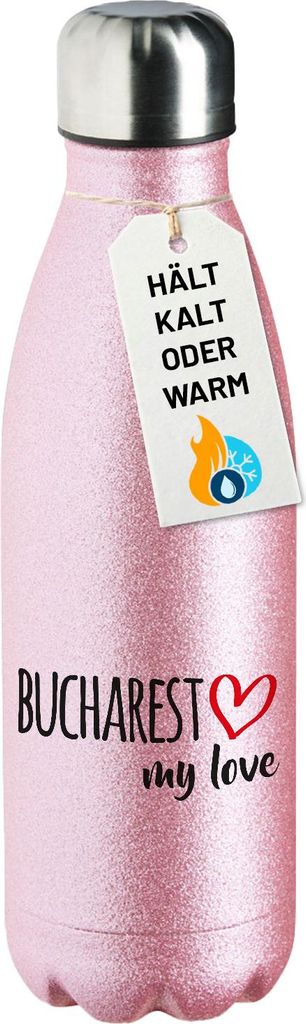 Huuraa Trinkflasche Bucharest my love 500ml Pink Edelstahl Wasserflasche Trinkflasche Geschenkidee