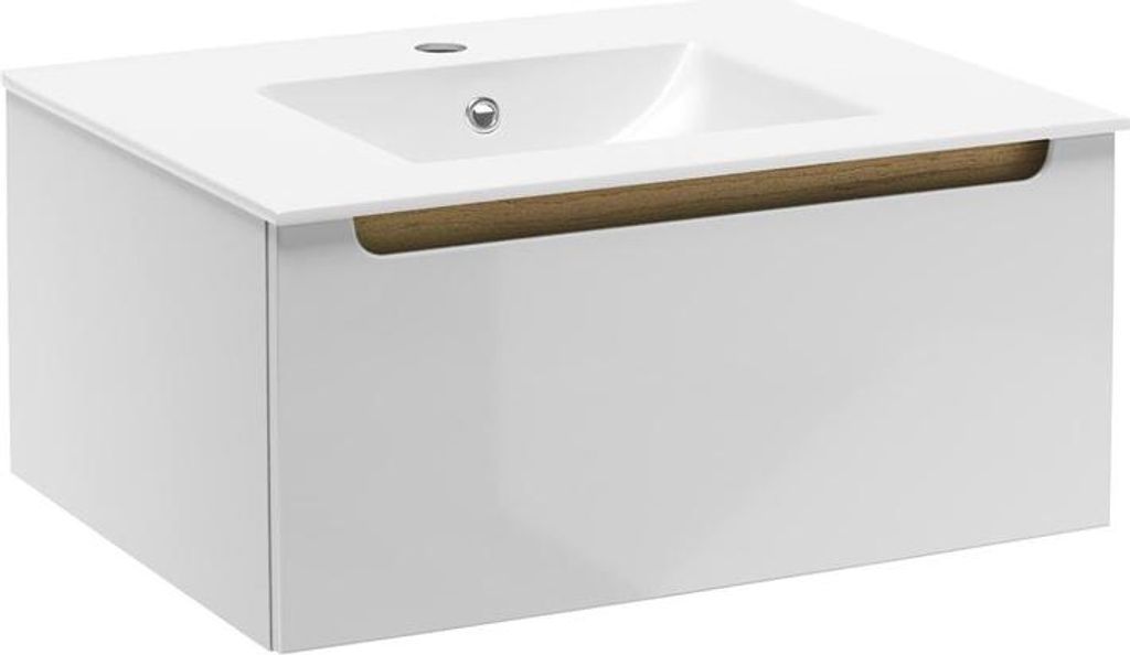 Naturel Stilla Badmöbel Keramik Waschtisch mit Unterschrank & Schublade, weiß/holz