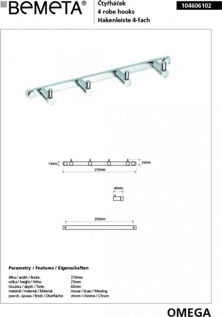 Patère quadruple OMEGA en laiton chromé 27x2,5 cm pour serviettes